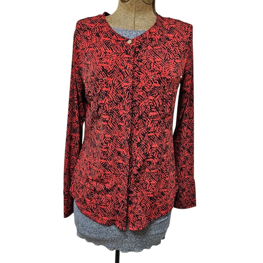 Dana Buchman Blouse Womens Size M Red Black Animal Print Long Sleeve Buttons